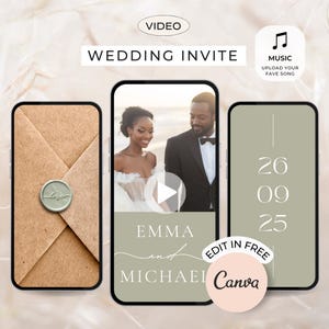 Digitale Hochzeitseinladung mit Umschlagöffnung Salbeigrün Hochzeitsvideo einladen Animiertes Save the Date Video Hochzeitseinladung digital