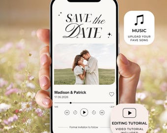 May include: A smartphone displays a wedding invitation with the text "SAVE the DATE." The invitation includes a photo of a couple, their names, and the date. Additional icons indicate music and a video tutorial.