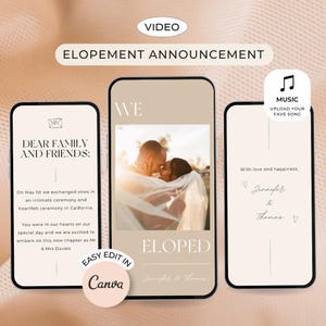 Vídeo de anúncio de fuga. Convite digital de casamento de fuga. Modelo de convite de fuga para impressão Canva. Cartão We eloped