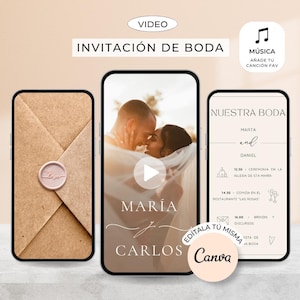 Invitaciones de boda digital con sobre Vídeo editable en Canva Invitaciones de boda originales para Whatsapp Save the date boda en español