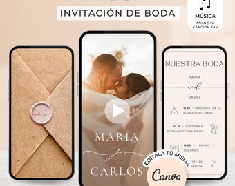 May include: A digital wedding invitation displayed on three smartphones. The central phone shows a video of a couple, with the names 'Maria' and 'Carlos'. The left phone displays an envelope with a wax seal. The right phone shows wedding details.