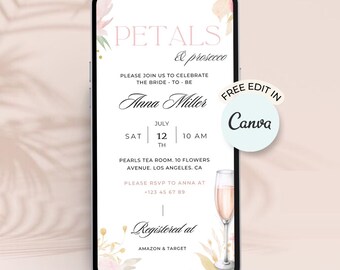 Petals & Prosecco Bridal Shower Invitation (Digital, Editable in Canva)