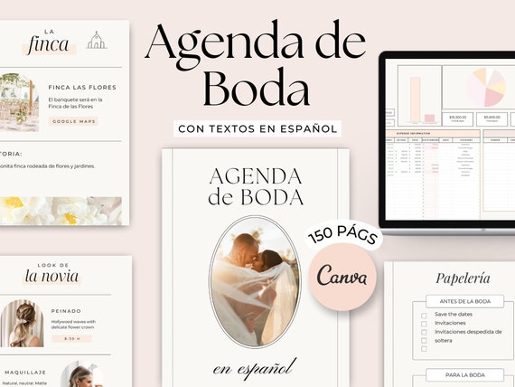 Planificador de Boda en español. Agenda de boda. Plantilla Canva boda