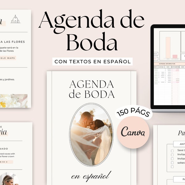 Planificador de Boda en español. Agenda de boda. Plantilla Canva boda