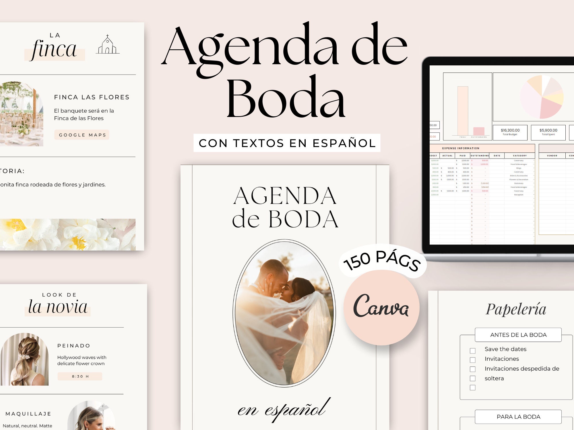 Planificador de Boda en español. Agenda de boda. Plantilla Canva boda