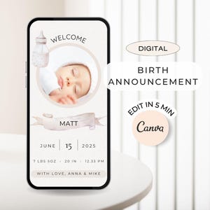 Birth Announcement Digital template. Gender neutral baby Newborn Announcement. Baby birth Announcement Canva. Digital birth announcement