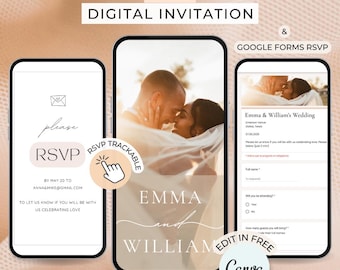 Digitale Hochzeitseinladung: Antwortlink, bearbeitbare Vorlage (Canva)