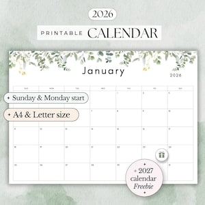 2026 Calendar Printable, Wall Calendar 2026 Yearly Calendar, Monthly Fillable Calendar, 2026 Planner, Yearly Wall Calendar