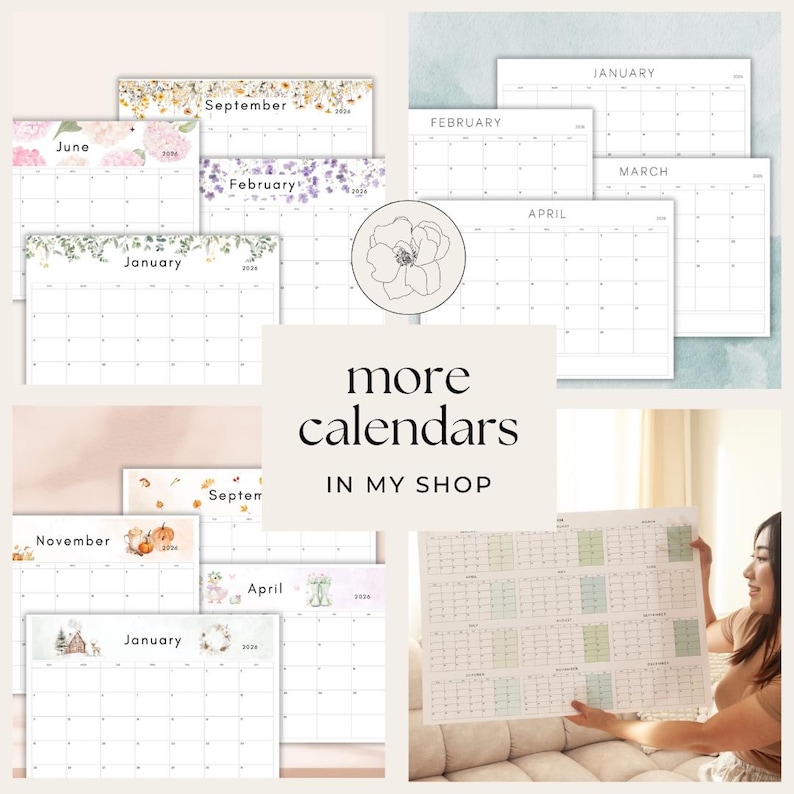 2026 Calendar printable PDF 2026 Monthly Calendar Monthly Planner Landscape Sunday & Monday Start A4 and Letter Size Wall Calendar printable
