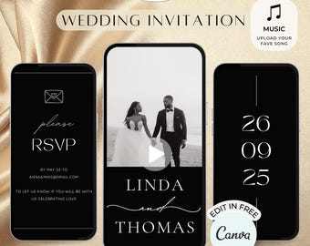 Elegante geanimeerde video huwelijksuitnodiging, zwart-wit (canvasjabloon)
