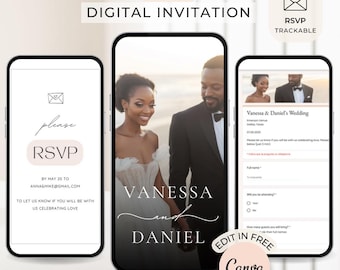 Puede incluir: Una invitación de boda digital con una foto de una pareja en la playa. La invitación es personalizable y se puede editar en Canva. El texto de la invitación dice "Vanessa & Daniel's Wedding".