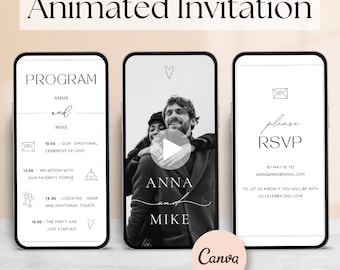 Animierte Hochzeitseinladungsvideovorlage, bearbeitbar in Canva (Digitaler Download)