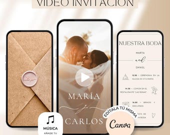 Invitaciones para boda digital en español con sobre Vídeo Invitación de Boda Spanish Wedding invitation template Canva Save the date boda