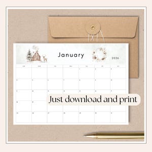 2026 Calendar printable PDF 2026 Monthly Calendar Monthly Planner Landscape Sunday & Monday Start A4 and Letter Size Wall Calendar printable