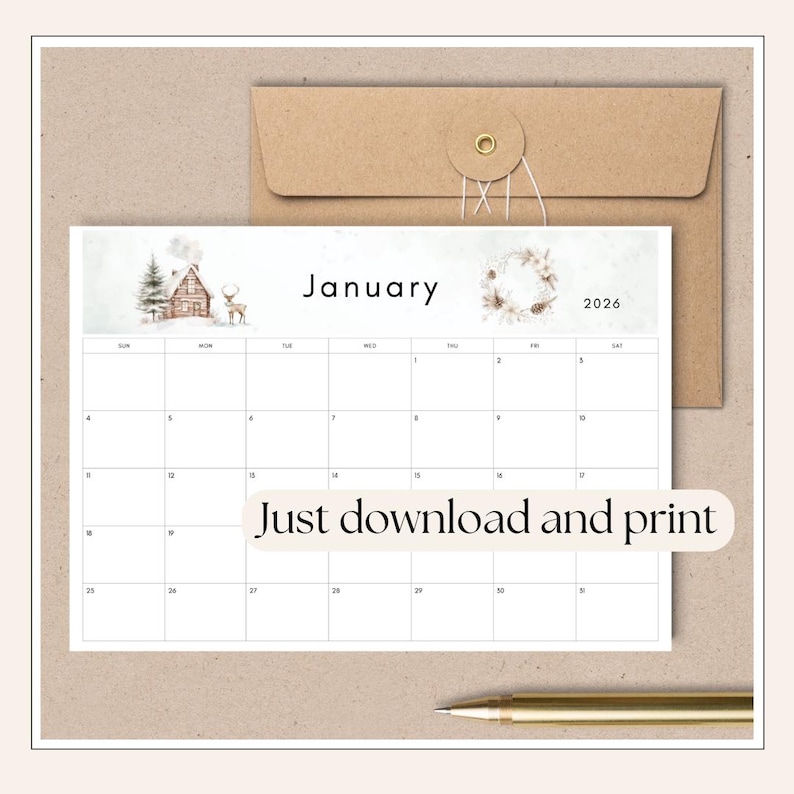 2026 Calendar printable PDF 2026 Monthly Calendar Monthly Planner Landscape Sunday & Monday Start A4 and Letter Size Wall Calendar printable