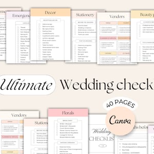 May include: A printable wedding checklist with 40 pages designed in Canva. The checklist is divided into sections such as Ceremony, Decor, Emergencies, Stationery, Vendors, Beauty Prep, Florals, and Week of Wedding. The checklist includes tasks such as choosing a venue, hiring a photographer, and selecting a florist.