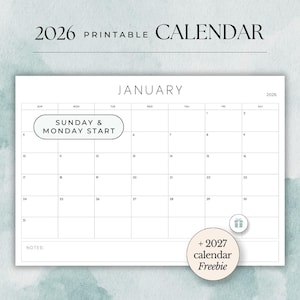 Calendar Printable 2026 Wall calendar Minimalist Printable fillable Monthly Calendar Monthly Planner 2026 Planner Sunday & Monday start A4