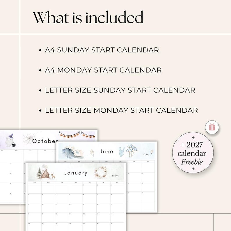 2026 Calendar printable PDF 2026 Monthly Calendar Monthly Planner Landscape Sunday & Monday Start A4 and Letter Size Wall Calendar printable