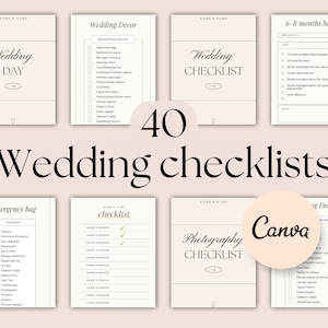 Könnte beinhalten: Ein Satz druckbarer Hochzeits-Checklisten in einem hellbeigen Farbschema mit einem rosafarbenen Canva-Logo. Die Checklisten umfassen: Hochzeitstag, Hochzeitsdekoration, Hochzeits-Checkliste, Notfalltasche, Gästeliste, Foto-Checkliste und 6-8 Monate vorher.