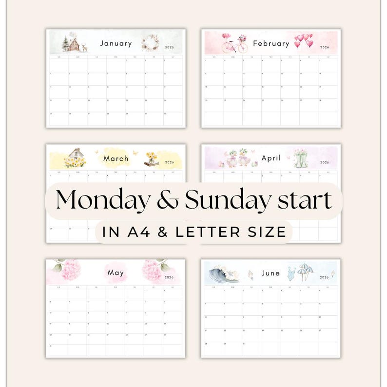 2026 Calendar printable PDF 2026 Monthly Calendar Monthly Planner Landscape Sunday & Monday Start A4 and Letter Size Wall Calendar printable