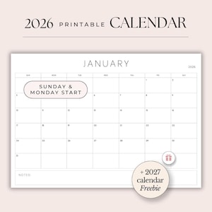 2026 Calendar Printable Minimal Monthly Calendar PDF 2026 Wall Calendar Printable Desk Calendar Sunday & Monday start A4 and Letter size