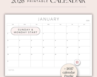 2026 Minimalistischer Kalender zum Ausdrucken, Sonntag & Montag Start (PDF)