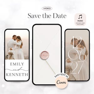 Puede incluir: Diseño digital de invitación de boda que se muestra en tres teléfonos inteligentes. El diseño incluye fotos de una pareja, el texto "Save the Date" y los nombres "Emily and Kenneth". La invitación es fácilmente editable en Canva.