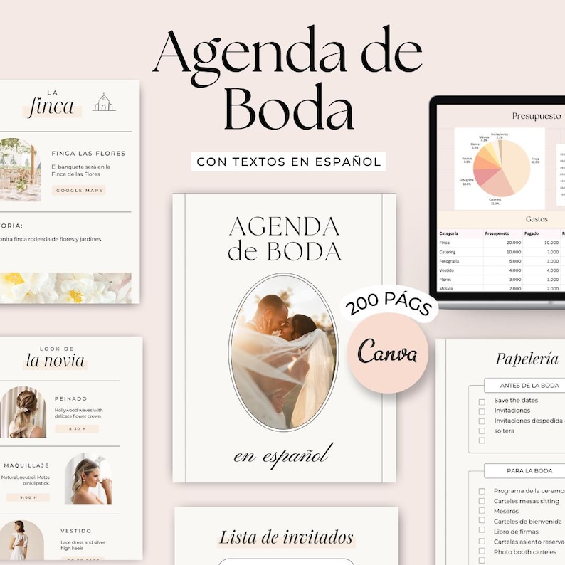 Planificador de Boda en español. Agenda de boda. Plantilla Canva boda imagen 1