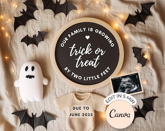 May include: A black chalkboard sign with the text "Our family is growing trick or treat by two little feet". A tan knitted baby onesie with the text "Due to June 2025" is next to the sign. A white ghost stuffed toy and a black and white ultrasound image are also in the image. There are black paper bats and white string lights scattered around the sign.
