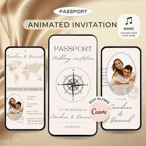Passport Wedding Invitation, Animated Destination Wedding digital invitation, Digital Save the date template, Wedding Invitation Video Canva