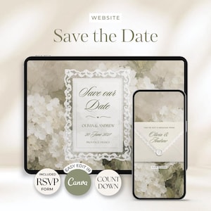 May include: A digital Save the Date website template displayed on a tablet and smartphone screen. The design features a white lace border, floral background, and text reading Save the Date, Olivia & Andrew, 20 June 2027, and Provence, France.