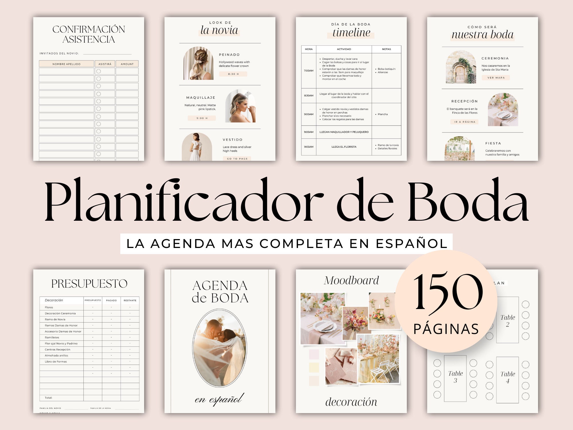 Agenda de boda en español. Planificador de boda. Organizador de boda editable e imprimible