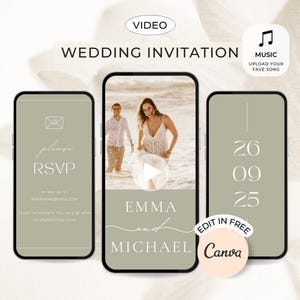 Hochzeitsvideoeinladungsvorlage Animierte Hochzeitseinladung mit Foto Salbeigrünes Hochzeitsvideo Save the Date Digitale Hochzeitseinladung