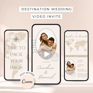 Uitnodiging bruiloftsvideo bestemming bewerkbaar in Canva Digital Passport Geanimeerde video huwelijksuitnodiging Bestemming sjabloon bruiloft