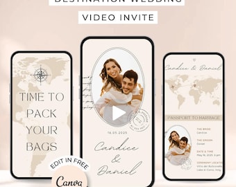 Destination wedding video invite editable in Canva Digital Passport Wedding Invitation Video Animated Destination Wedding evite template