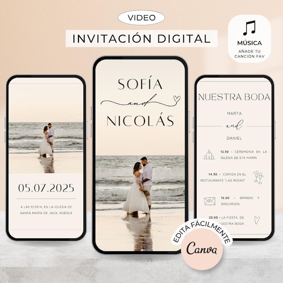 Invitaciones de boda digital Canva Vídeo. Invitaciones de boda originales. Invitacion boda Whatsapp. Save the date boda en español