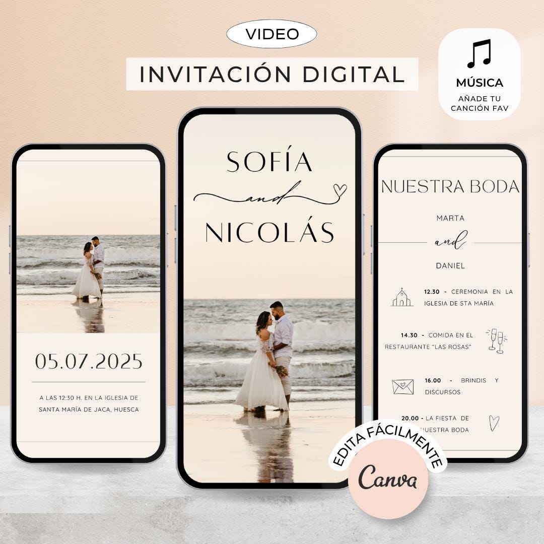 Invitaciones de boda digital Canva Vídeo. Invitaciones de boda originales. Invitacion boda Whatsapp. Save the date boda en español