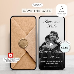 Puede incluir: Diseño digital de invitación de boda con dos maquetas de smartphone. Una muestra un sobre marrón con un sello dorado, la otra una foto en blanco y negro con el texto: "Save our Date." Incluye tutorial de edición y opciones de música.
