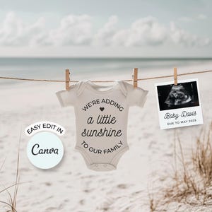 Strand Schwangerschaft Anzeige Digital Sommer Babymitteilung Meer Neutral Minimalist Baby offenbaren Fotovorlage Bearbeitbar in Canva