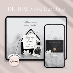 May include: Digital save the date design shown on a tablet and smartphone. The design includes a black envelope with a gold seal, a photo, and the text "Save our Date" with the date May 12, 2027. The design is easy to edit in Canva.
