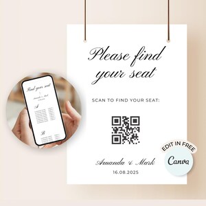 Wedding seating chart sign with QR code. Canva Modern Wedding Seating Chart Template. Wedding guest list template. Printable Wedding Signage