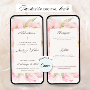 Invitación boda digital Invitaciones de boda originales para enviar por Whatsapp Plantilla Editable en Canva Reserva la fecha boda digital