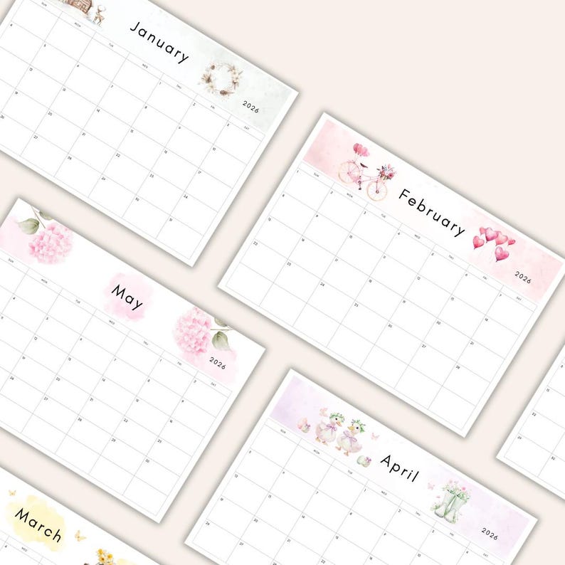 2026 Calendar printable PDF 2026 Monthly Calendar Monthly Planner Landscape Sunday & Monday Start A4 and Letter Size Wall Calendar printable