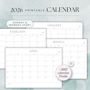 2026 Calendar Printable Wall Calendar Minimalist 2026 Printable Planner Daily Planner Yearly Wall Calendar Sunday & Monday start in A4