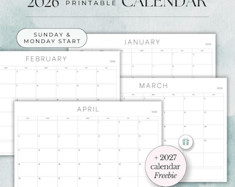 Calendário 2026 Calendário de parede para impressão Minimalista 2026 Planejador diário para impressão Calendário de parede anual Domingo e segunda-feira começam em A4