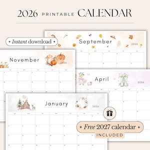 2026 Calendar printable PDF 2026 Monthly Calendar Monthly Planner Landscape Sunday & Monday Start A4 and Letter Size Wall Calendar printable