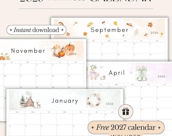 2026 Calendar printable PDF 2026 Monthly Calendar Monthly Planner Landscape Sunday & Monday Start A4 and Letter Size Wall Calendar printable