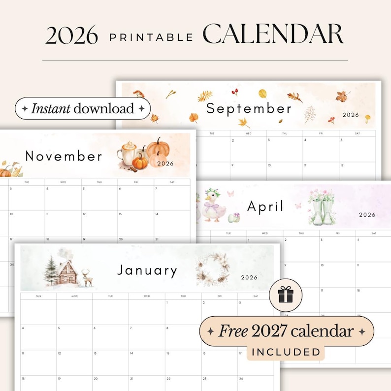 2026 Calendar printable PDF 2026 Monthly Calendar Monthly Planner Landscape Sunday & Monday Start A4 and Letter Size Wall Calendar printable