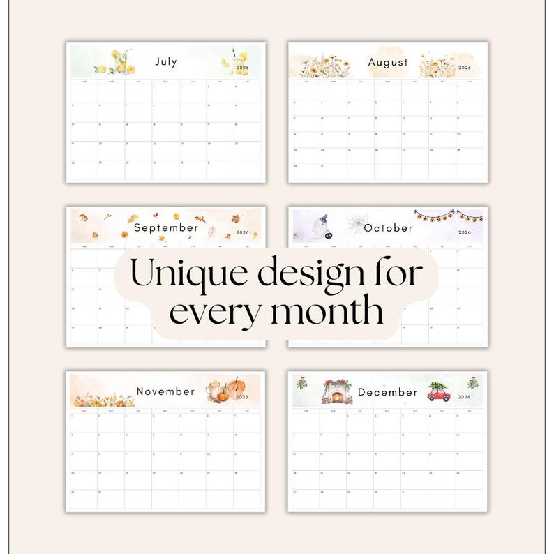 2026 Calendar printable PDF 2026 Monthly Calendar Monthly Planner Landscape Sunday & Monday Start A4 and Letter Size Wall Calendar printable