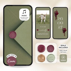 Invito di nozze digitale verde oliva e bordeaux con musica e apertura della busta Elegante invito di nozze Video Hochzeitseinladung digital